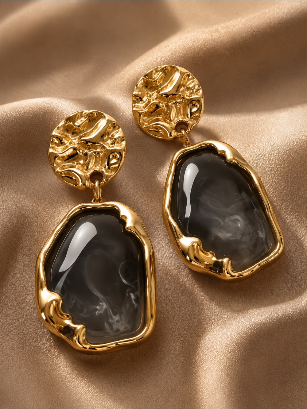 Gold And Gray-Tones Drop Earrings with Smoky Gray Stones